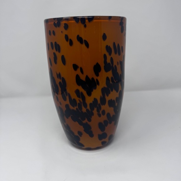 Other - Tortoise Shell Art Glass Vase Amber Black Hand Blown Decorative Cylinder Vessel